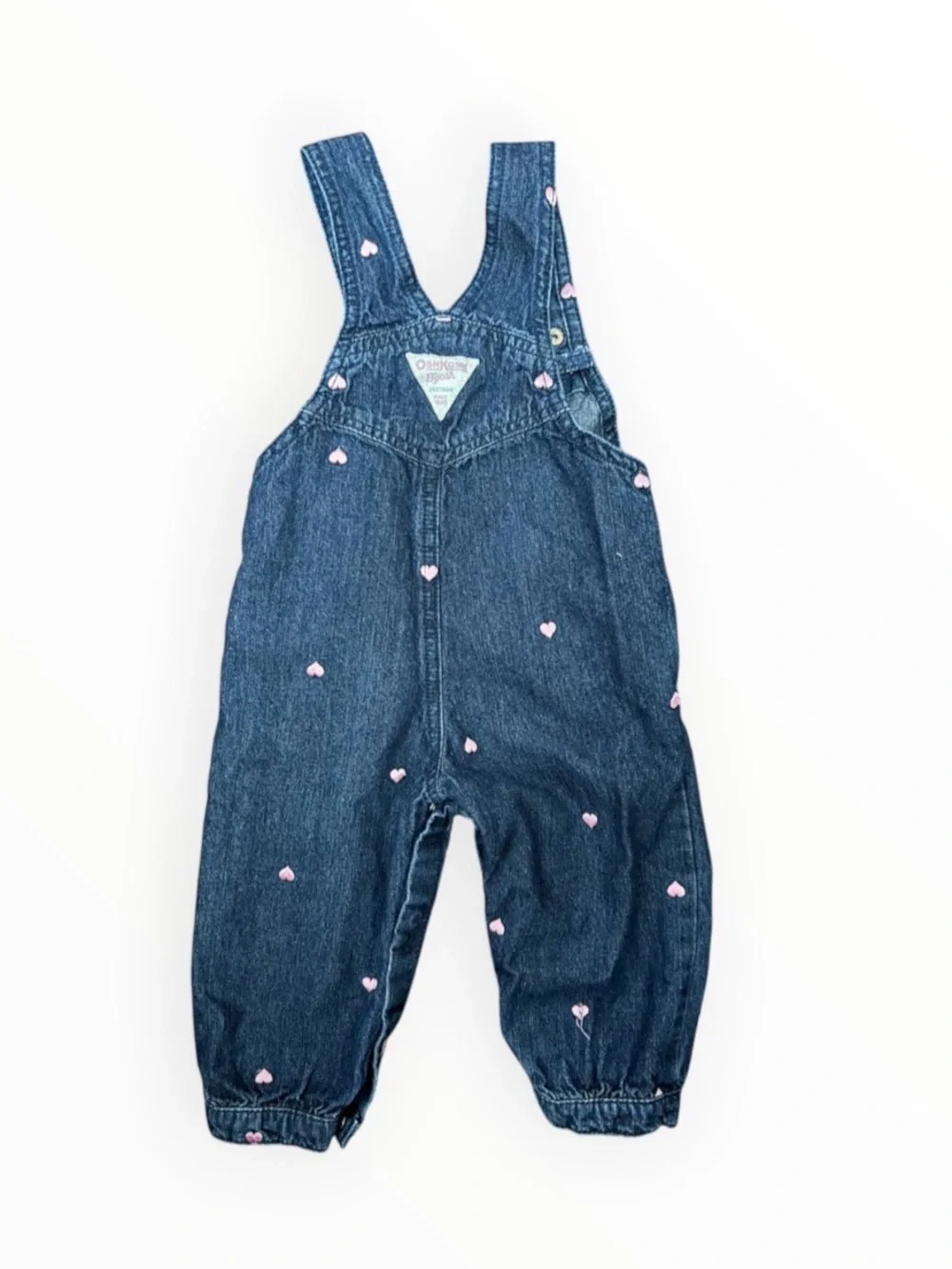 vintage OshKosh B'gosh blue denim overalls embroidered pink hearts 100% cotton